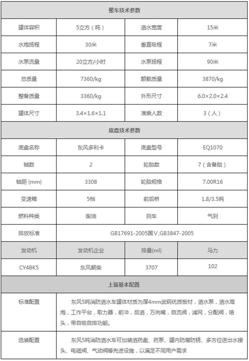 東風5噸消防灑水車參數